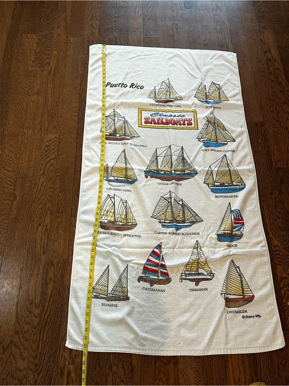 Puerto Rico Classic Sailboats Souvenir White Graphic Beach Towel approx 30”x57”